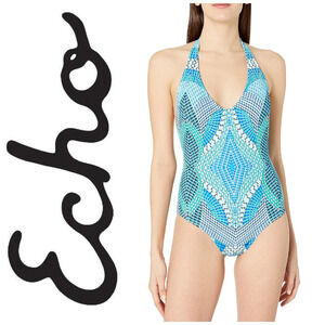 NWT Echo New York Sz 10 Tile Print Havana Geo Low V Back One Piece Swimsuit NEW